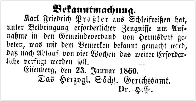 1860-01-23 Hdf Praessler Zuzug